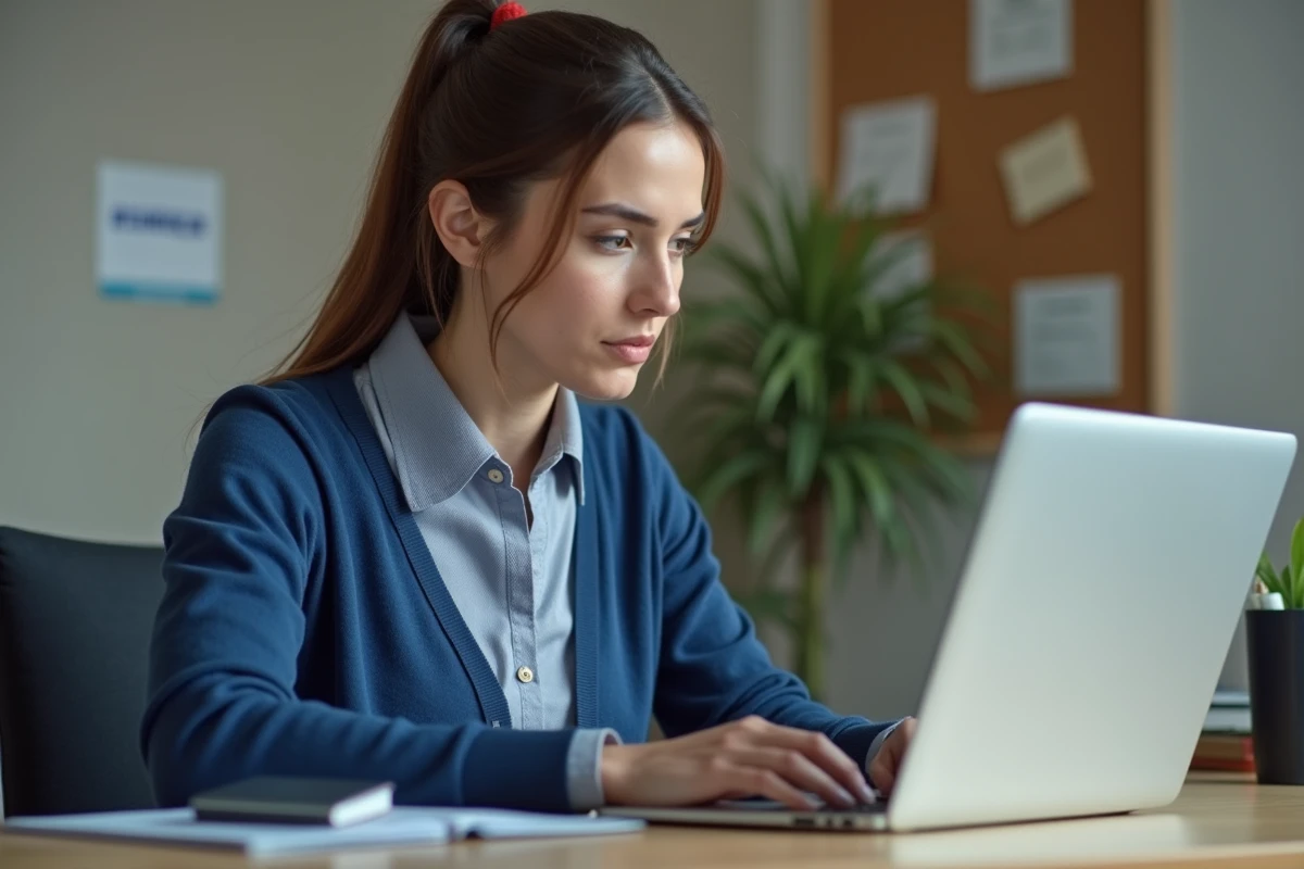 Femme en uniforme postal concentrée sur son ordinateur dans un bureau