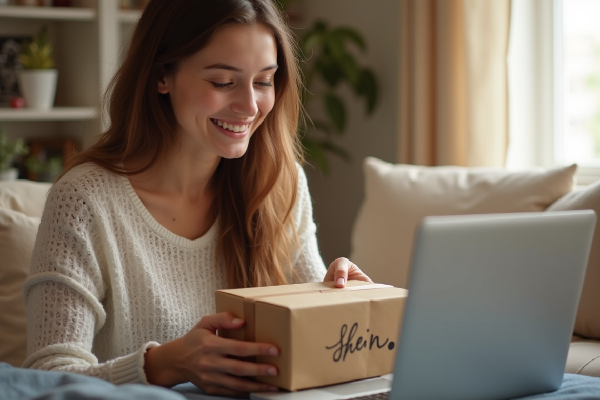 Jeune femme souriante recevant un colis Shein à la maison