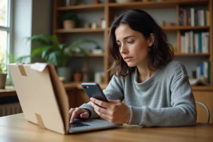 Femme inquiète tapant sur son smartphone à côté d'un colis retour Vinted non récupéré sur une table en bois