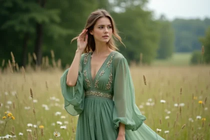 Femme en robe bohème verte dans un champ de fleurs