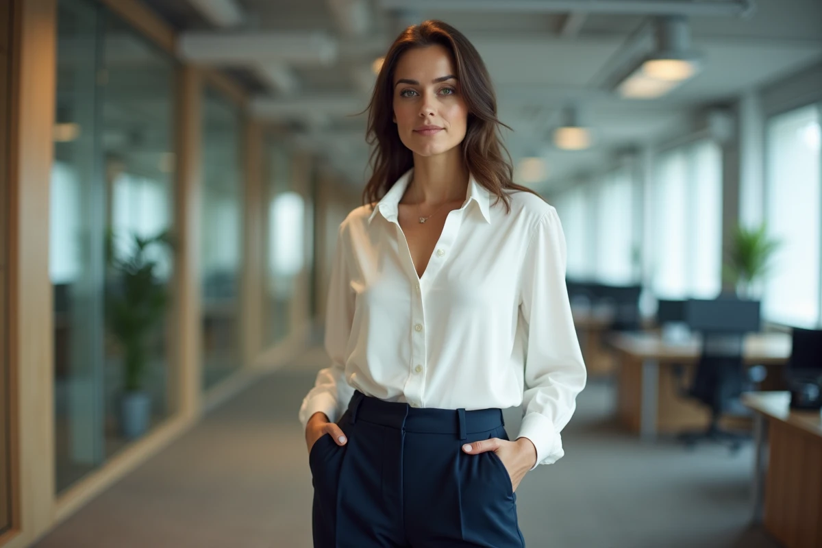 Femme professionnelle portant un sarouel marine et une blouse blanche au bureau moderne