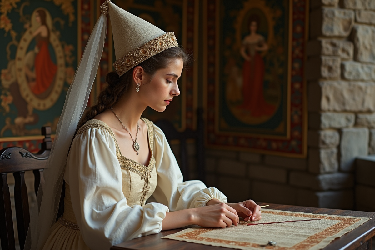 Jeune femme cousant dans une chambre médiévale