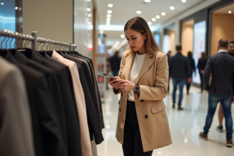 Femme élégante compare des prix dans un centre commercial