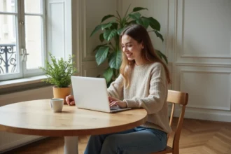 Femme souriante en pull beige et jeans dans un appartement parisien