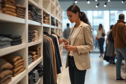 Jeune femme comparant des étiquettes de prix sur un portant vêtements dans une boutique Zara lors des soldes