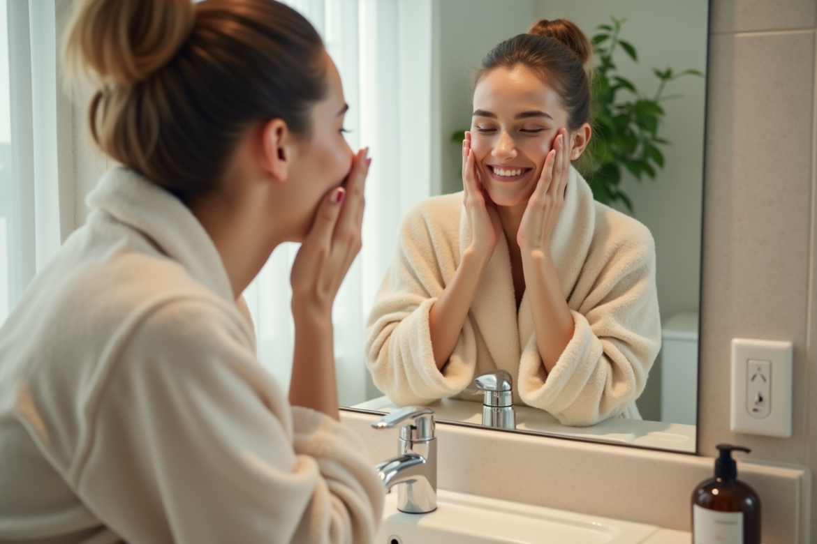 Jeune femme se lavant le visage dans une salle de bain moderne