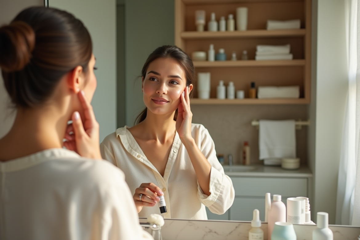 Femme appliquant un serum dans une salle de bain lumineuse