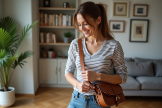 Femme souriante ajustant son sac en living room