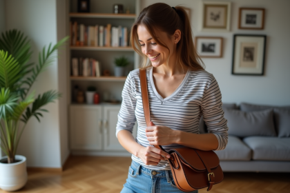 Femme souriante ajustant son sac en living room