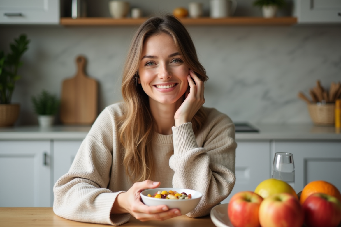 Femme souriante tenant des compléments alimentaires colorés