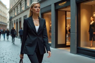 Femme élégante en tailleur dans une rue urbaine chic