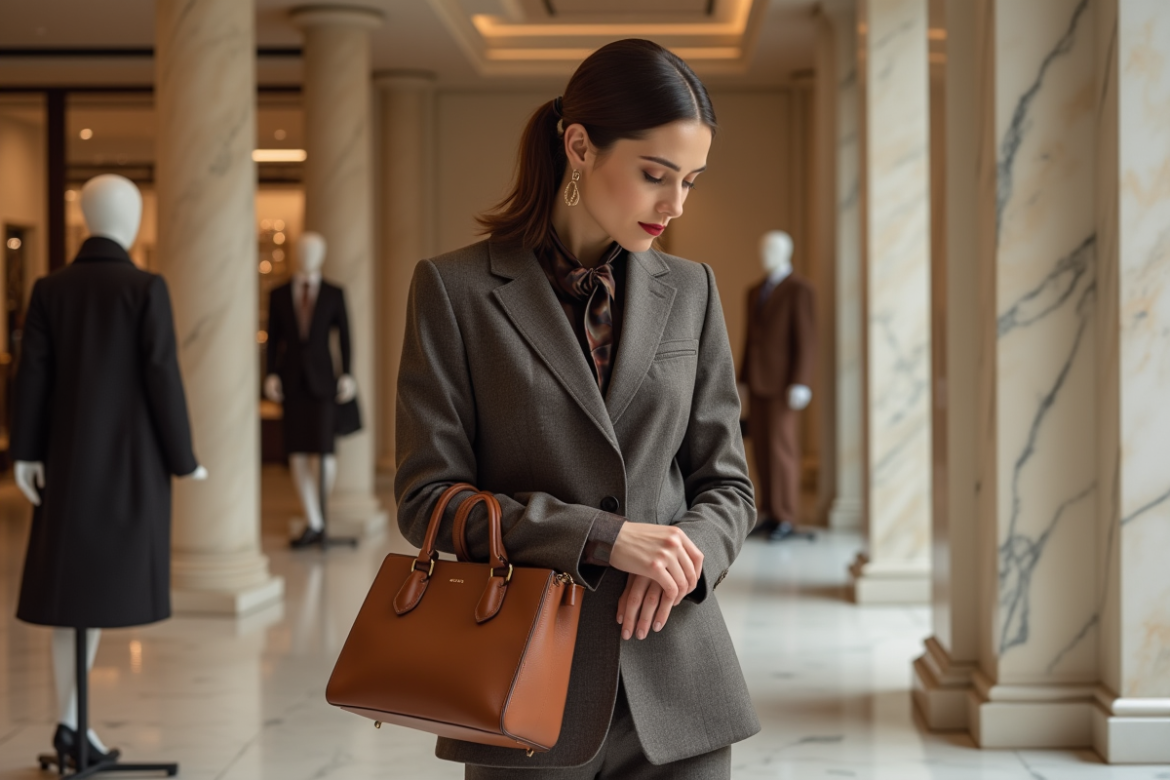 Femme élégante examine un sac en cuir dans un décor luxueux