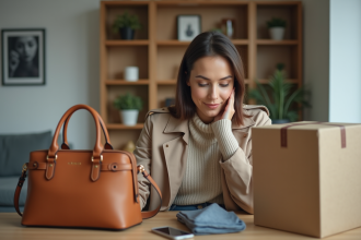 Femme élégante inspectant un sac à main en intérieur lumineux