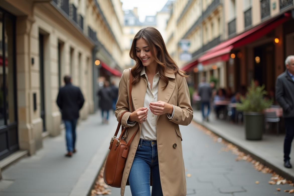 Femme élégante avec trench beige dans une rue parisienne