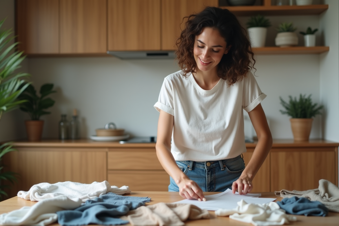 Femme triant des morceaux de tissu sur une table de cuisine