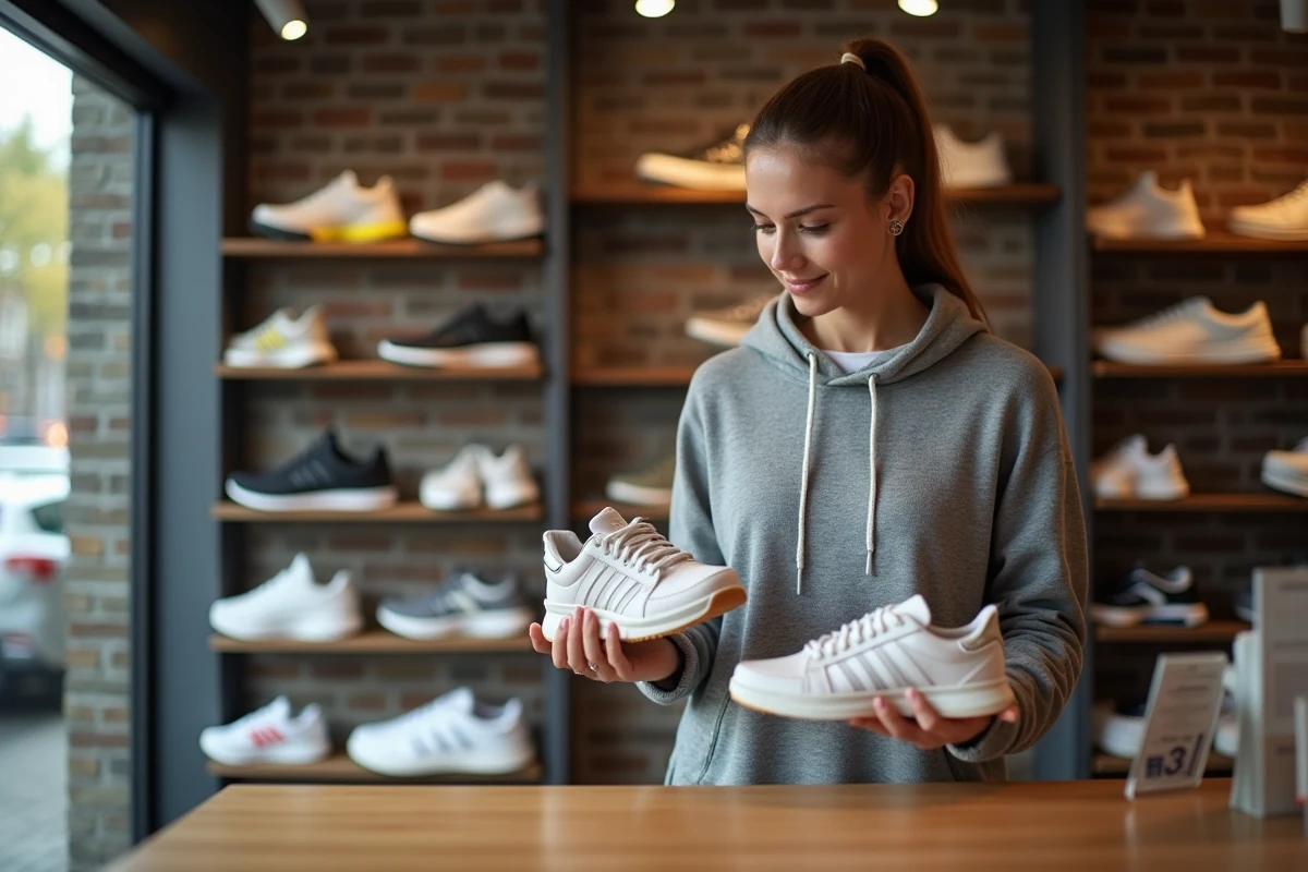 Femme compare les semelles de sneakers dans une boutique