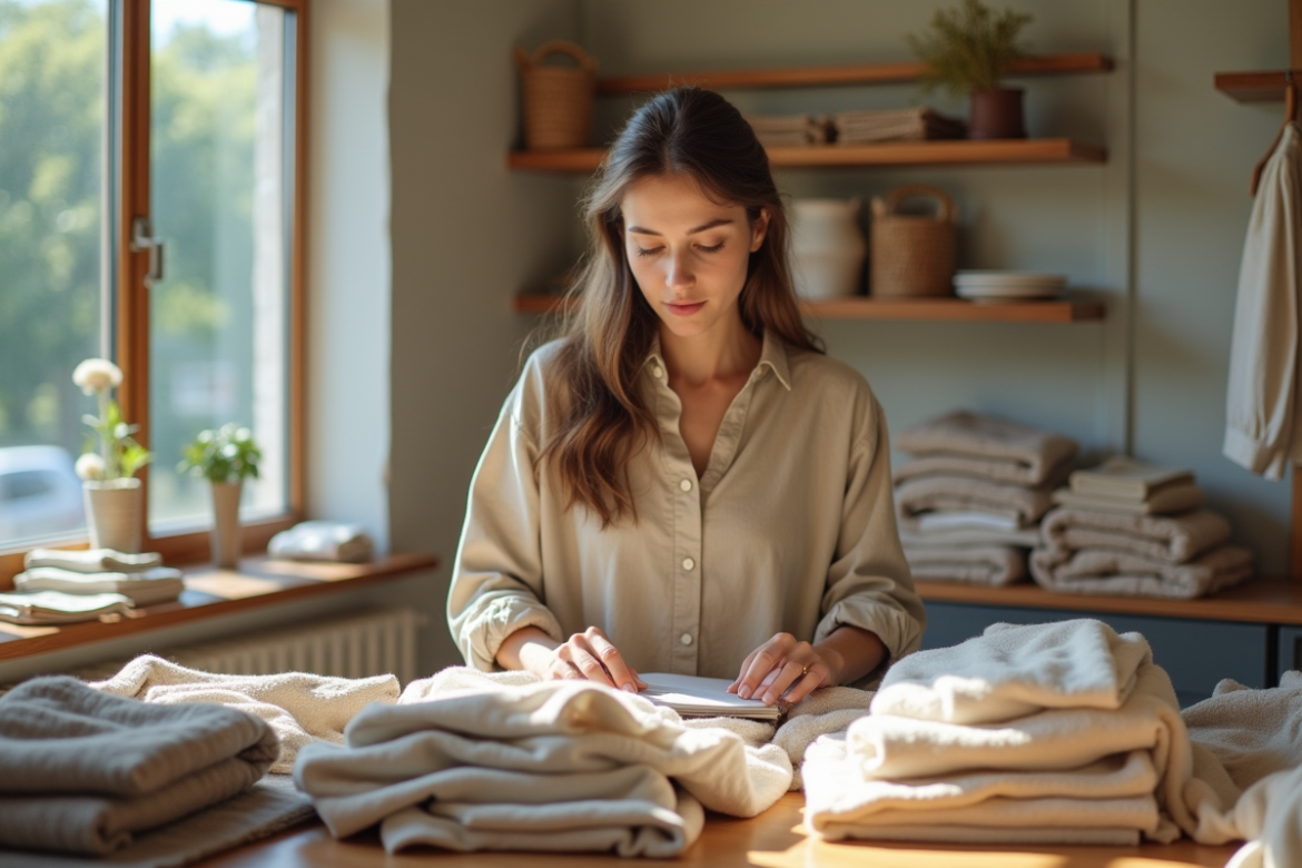 Jeune femme triant des vêtements en coton bio dans une boutique écologique