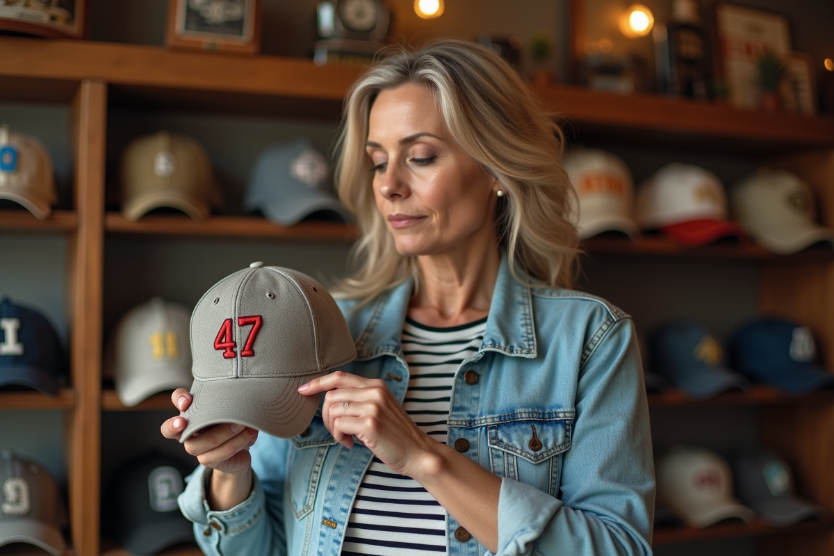 Femme examinant une casquette 47 dans une boutique de chapeaux