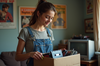 Femme en overalls vintage 90s dans un salon rétro