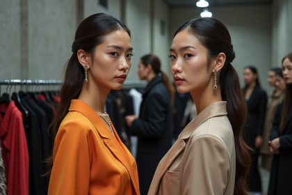 Deux femmes élégantes en backstage lors d'un défilé de mode