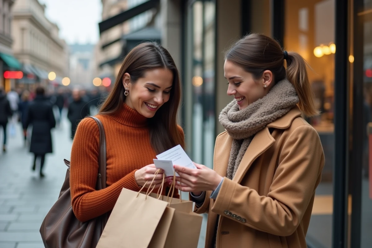 Deux femmes comparant leurs achats et reçus devant un centre commercial pendant les soldes Zara