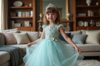 Fille de 7 ans en robe de princesse pastel dans un salon cosy