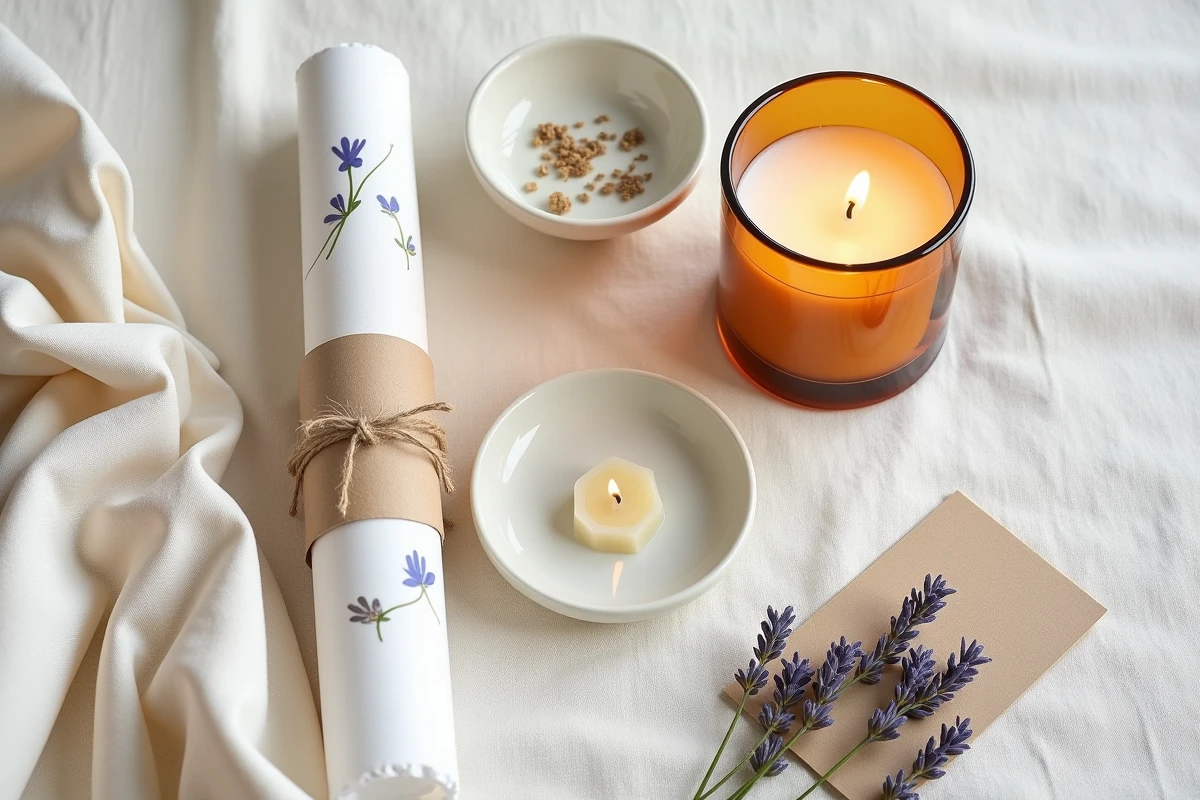 Flat lay de cadeaux pour la maison : bougie en verre ambré, coupelle en porcelaine peinte à la main, bougie en cire d'abeille et brins de lavande séchée sur lin crème