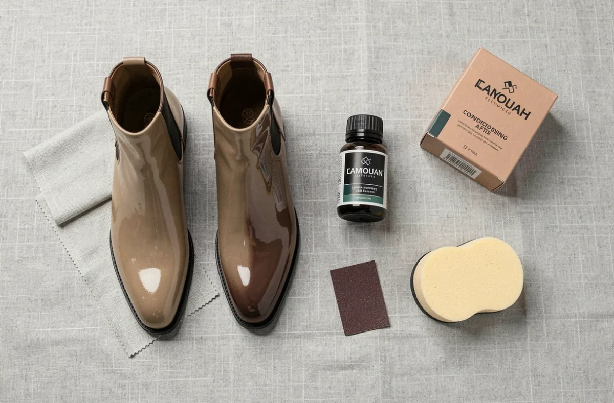 Composition à plat de bottines en cuir verni avec outils et produits de teinture pour cuir sur fond lin gris