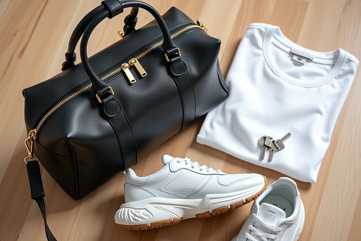 Flat lay d'un sac sport en cuir noir avec des baskets blanches et accessoires sur parquet en chêne