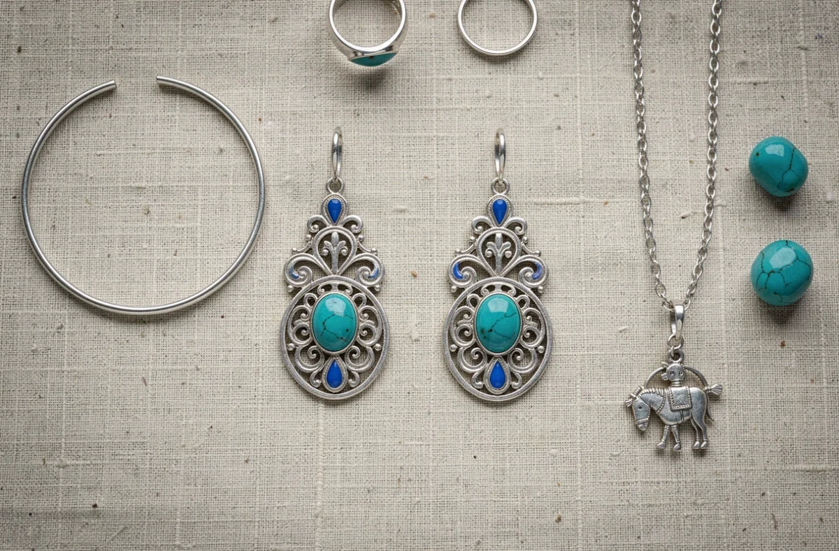 Flatlay de boucles d'oreilles savoyardes en filigrane argenté avec émail bleu, associées à un bracelet, une bague et un collier assortis sur lin naturel