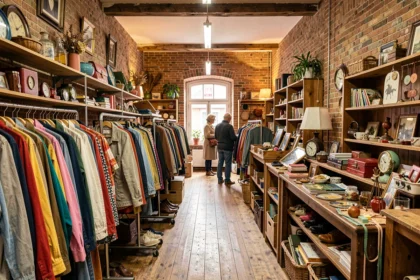 Intérieur d'une friperie typique du Grand Est avec des vêtements vintage colorés sur des portants métalliques