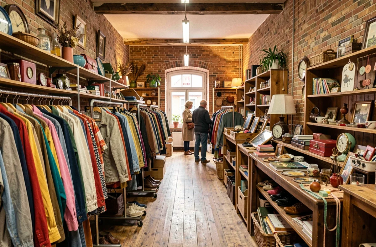 Intérieur d'une friperie typique du Grand Est avec des vêtements vintage colorés sur des portants métalliques