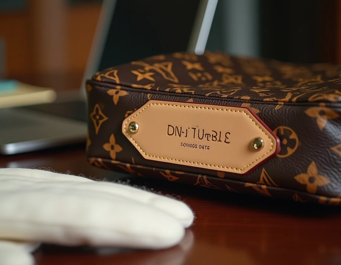 Gros plan sur le numéro de série estampillé à chaud à l'intérieur d'un sac Louis Vuitton montrant des signes de falsification