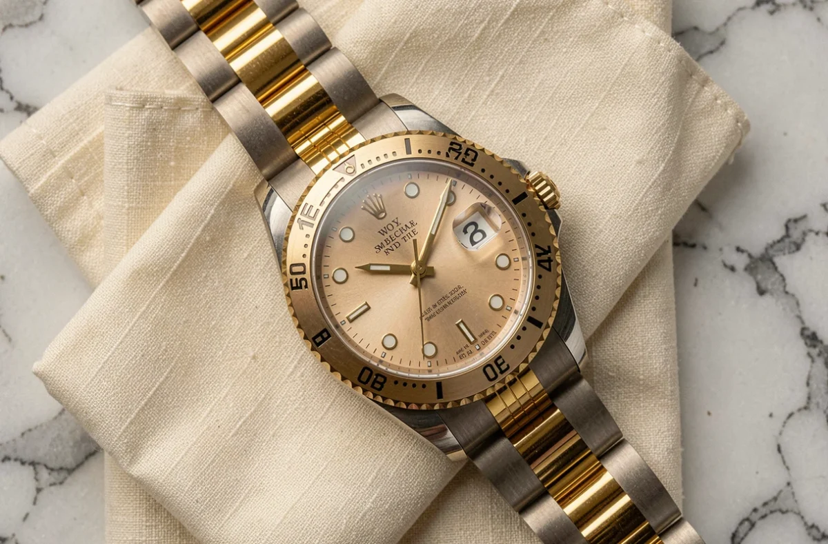 Gros plan d'une Rolex Datejust cadran champagne sur marbre blanc avec bracelet jubilé