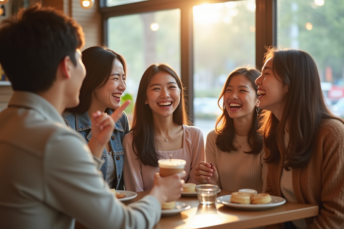 Groupe d amis coreens riant dans un cafe lumineux