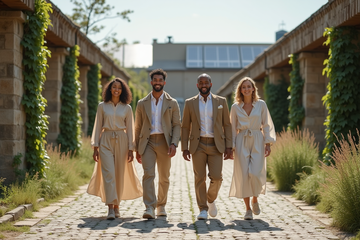 Groupe divers marchant devant une ecofactory en fibres naturelles