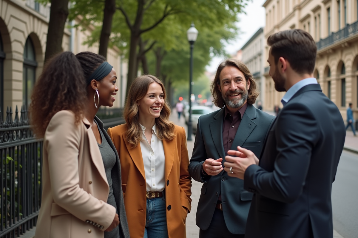 Groupe de femmes discutant avec un homme dans la rue