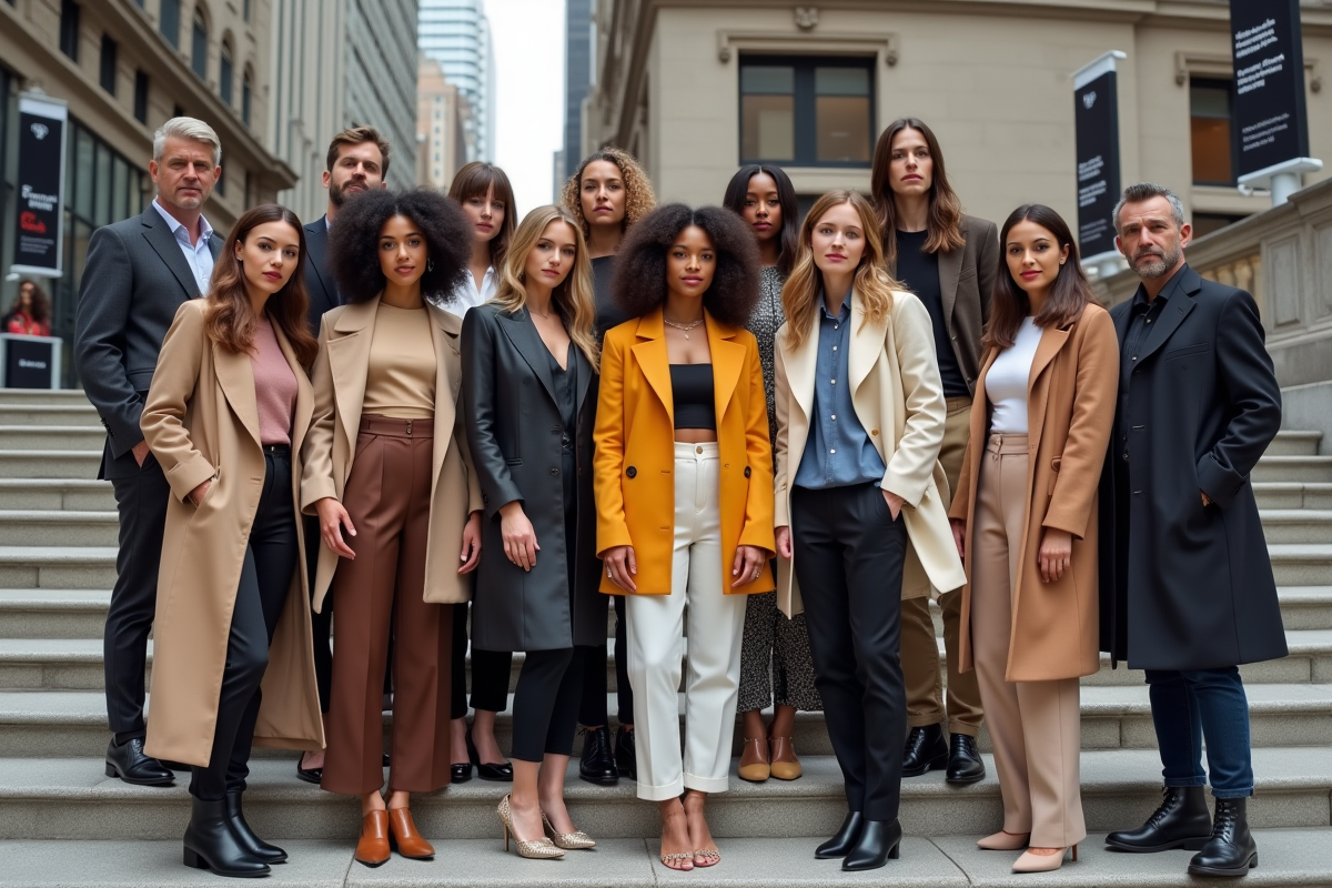 Groupe de jeunes fashionistas devant un lieu de mode urbain
