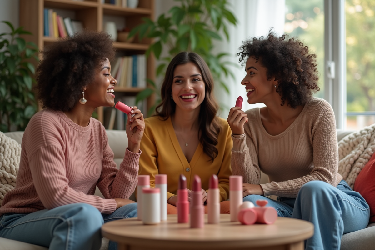 Groupe de jeunes discutant de produits de maquillage dans salon