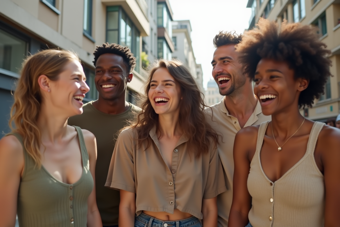 Groupe de jeunes adultes souriants en vêtements écologiques