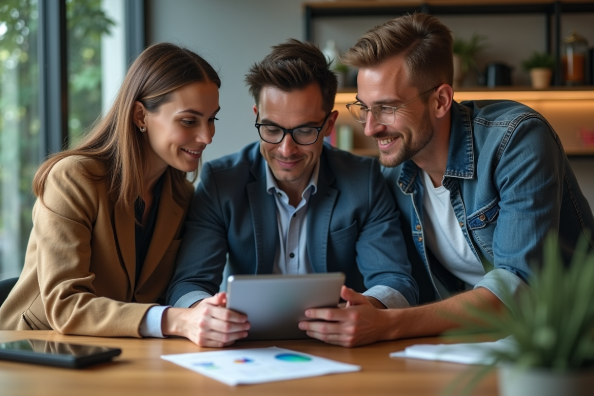 Groupe de professionnels autour d'une tablette en coworking
