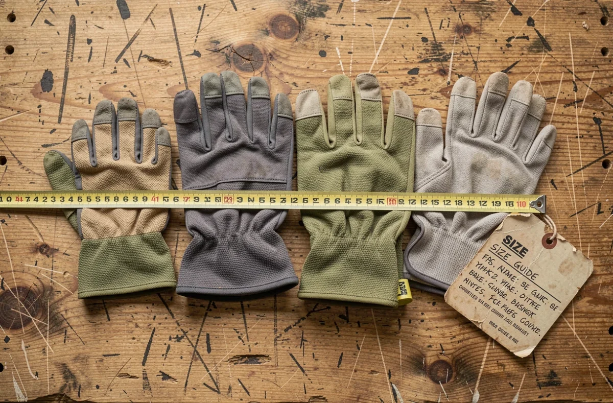 Assortiment de gants de travail en plusieurs tailles disposés sur un établi avec un mètre ruban