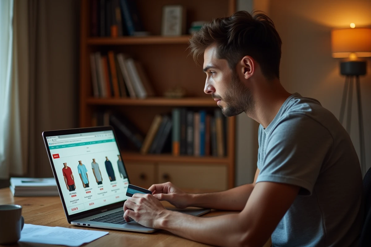 Homme achetant des vêtements sur un site de ventes privées depuis son bureau à domicile avec carte bancaire
