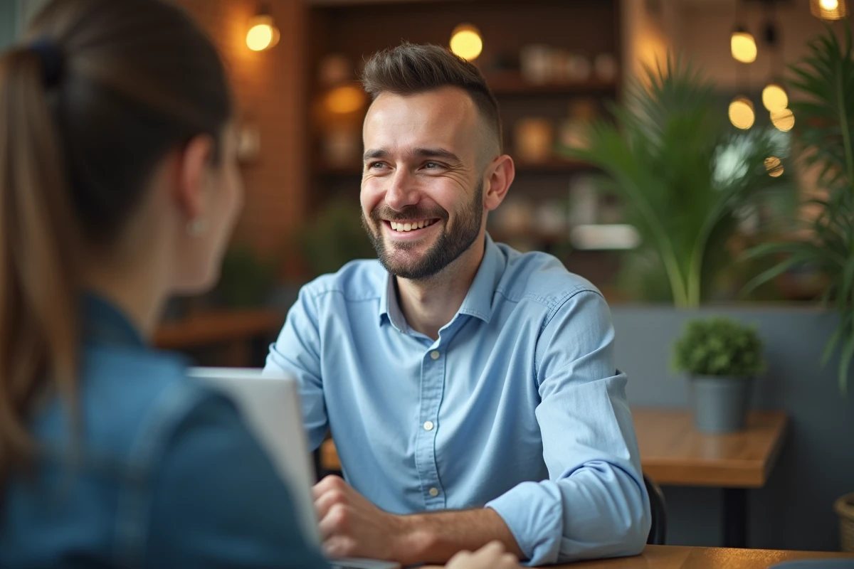 Homme en chemise bleue en réunion dans un café