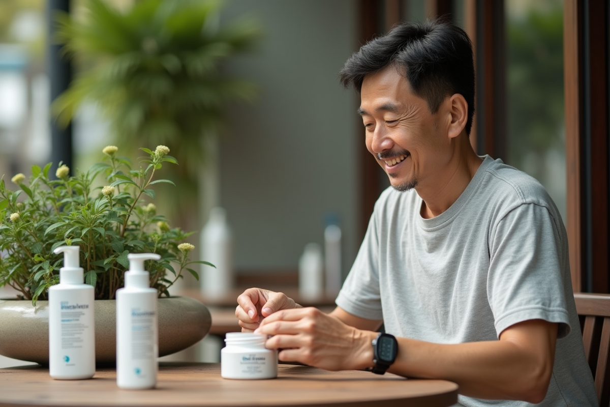 Homme asiatique examinant des produits de soin en extérieur