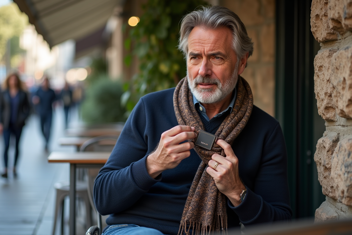 Homme décontracté tenant une écharpe dans un café urbain