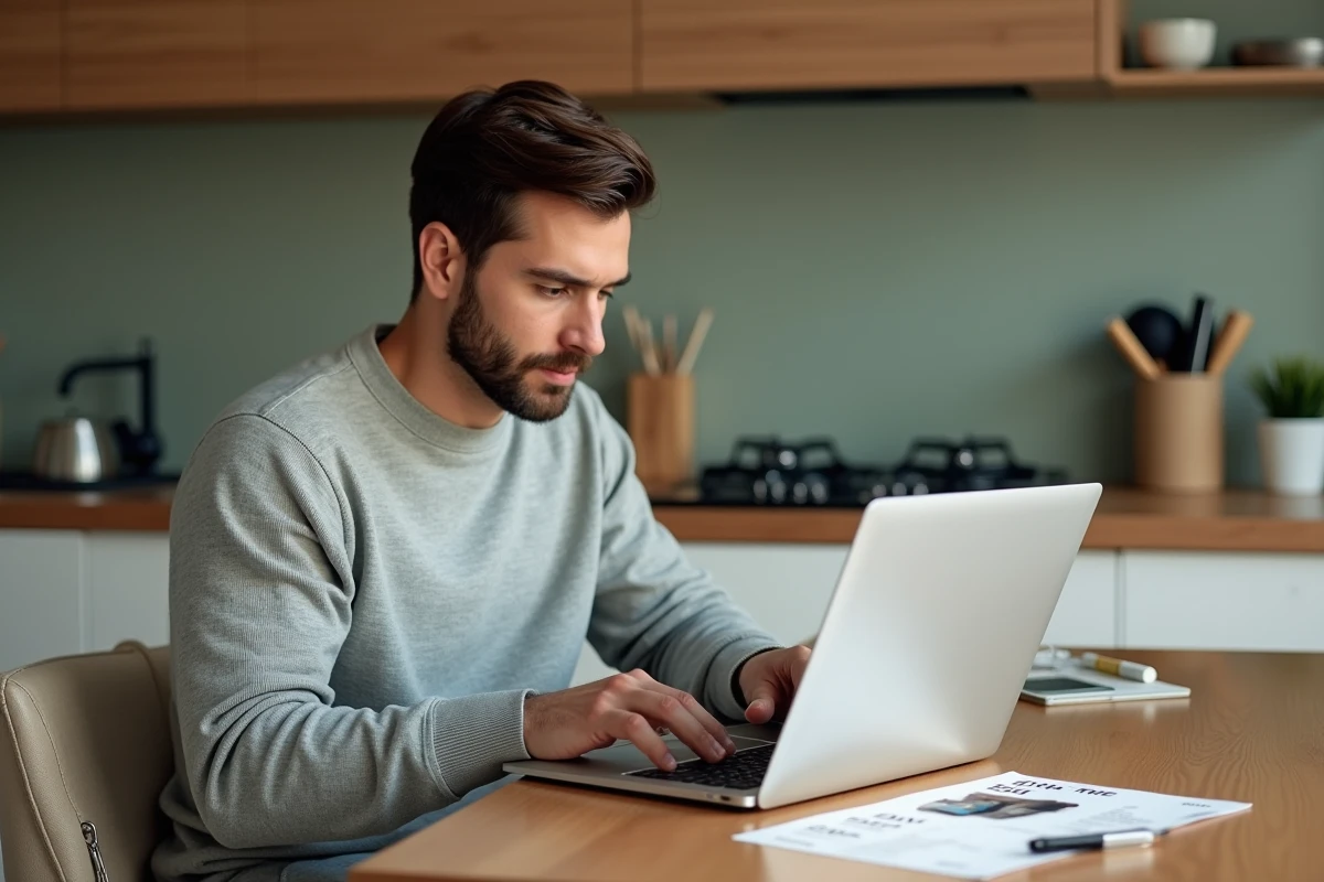 Homme consultant le site Zara sur un ordinateur portable pour comparer réductions et soldes officielles