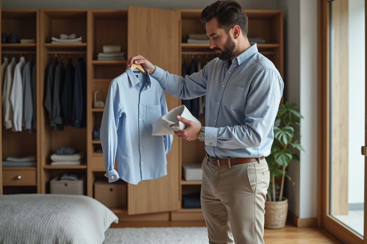 Homme compare deux chemises dans une chambre bien organisée