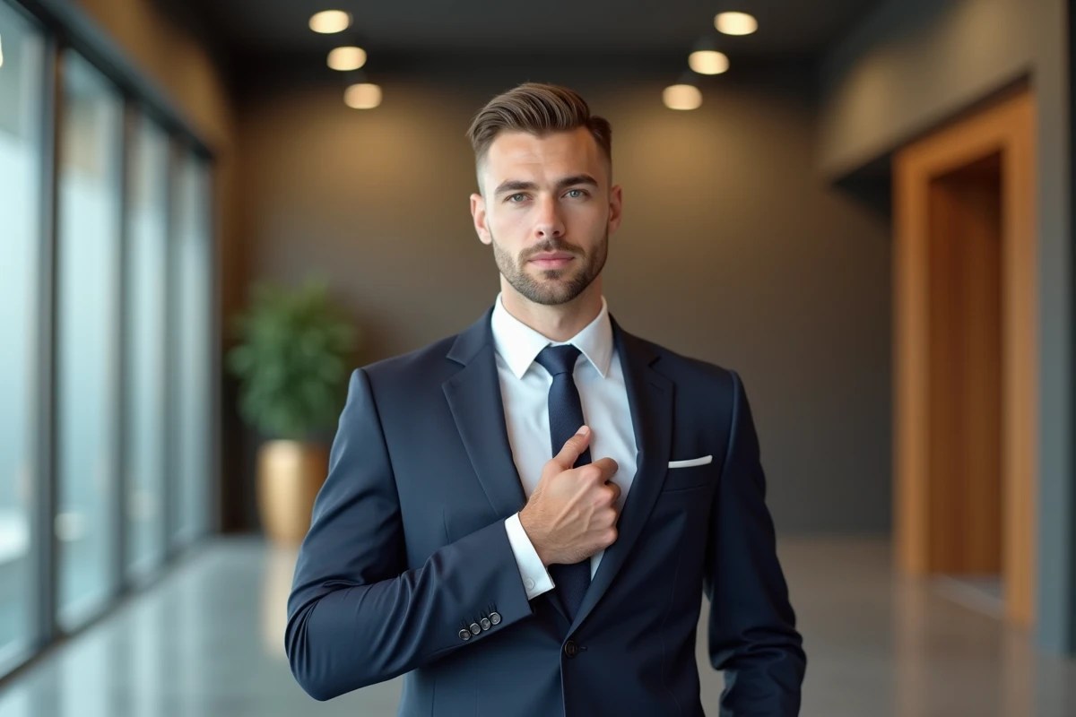 Jeune homme en costume navy dans un bureau moderne