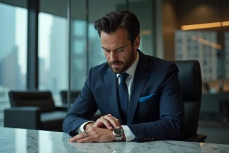 Homme en costume bleu inspectant une montre Rolex Bruce Wayne